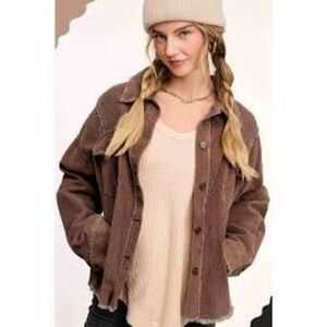 La Miel Corduroy Jacket Shacket Sz L Frayed Hem Coffee